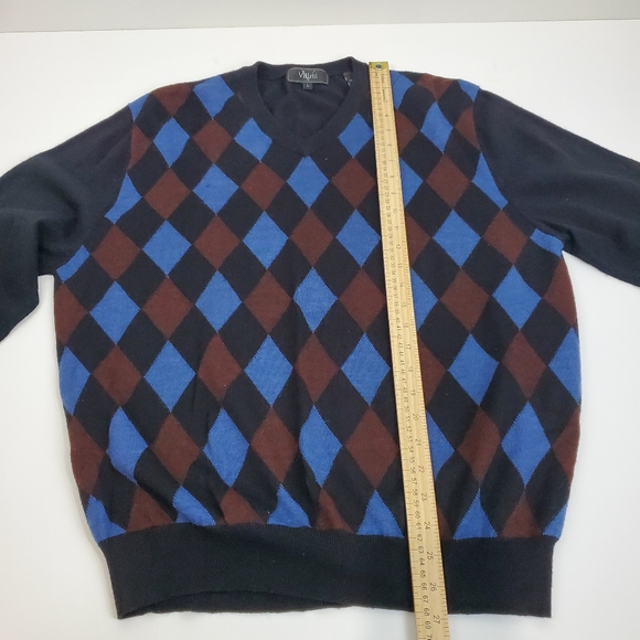 Villini Merino Wool Blend Black Argyle Vneck Sweater Knit L Mens Business Casual - Picture 7 of 8